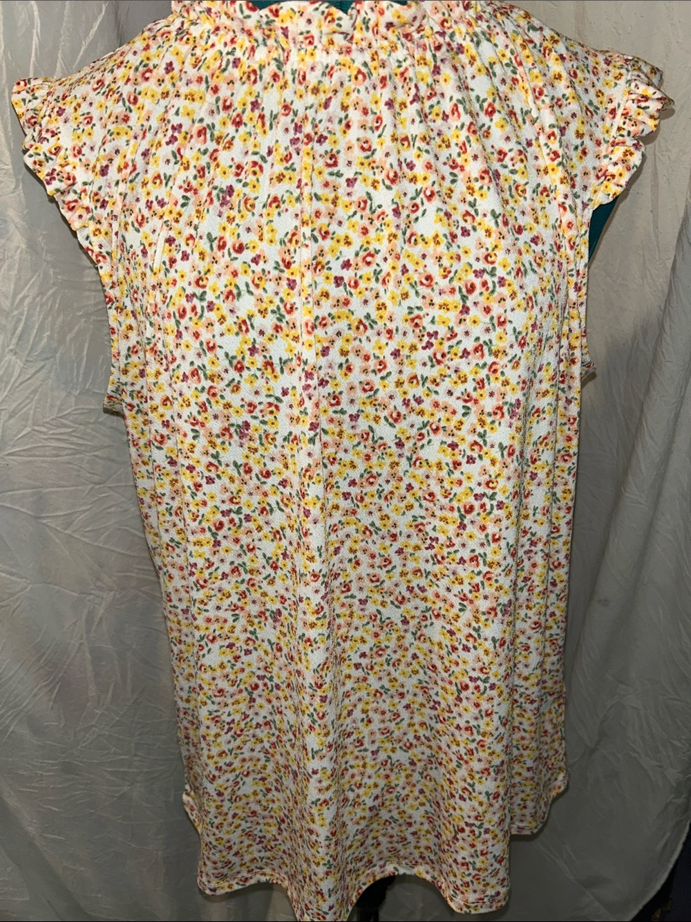 Adrianna Papell White Multicolor Floral Ruffle Neck Sleeveless Tunic